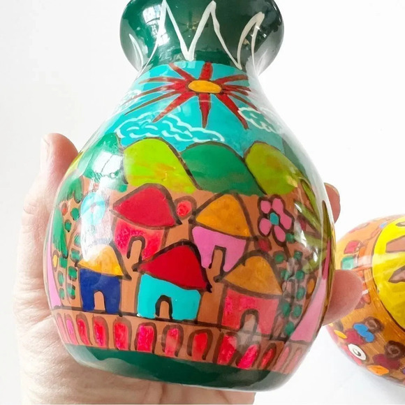 Vintage Handpainted Mexican Pottery Vases Red Clay Small Vessels Jugs Colorful 2 - Picture 5 of 12